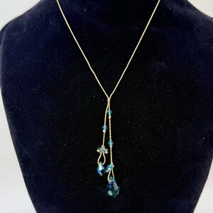 Vintage Gold-Tone Lariat Necklace with Double Royal Blue Faceted Crystal Drops